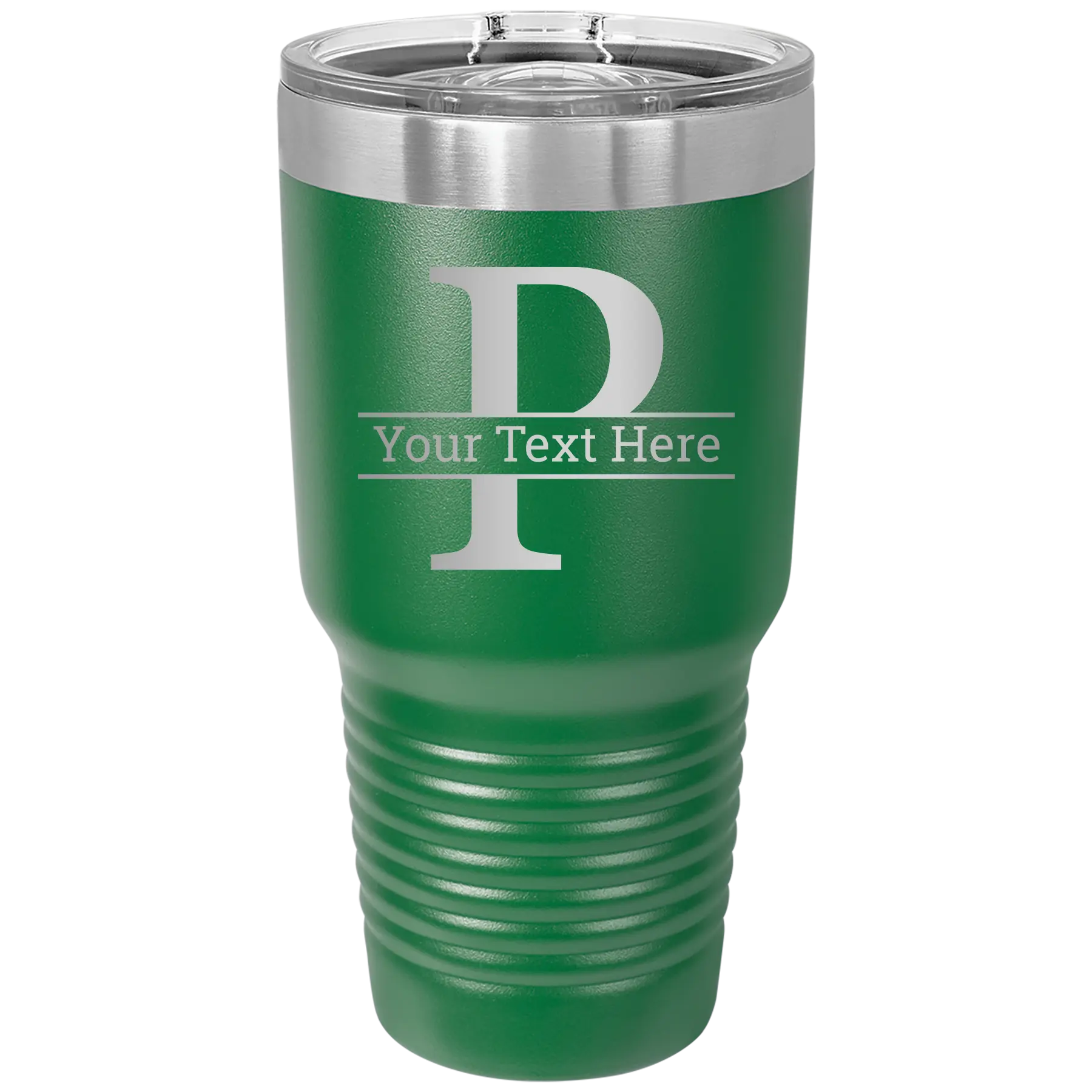 Personalized green 30 oz vacuum insulated tumbler with 'Monogram letter P' design