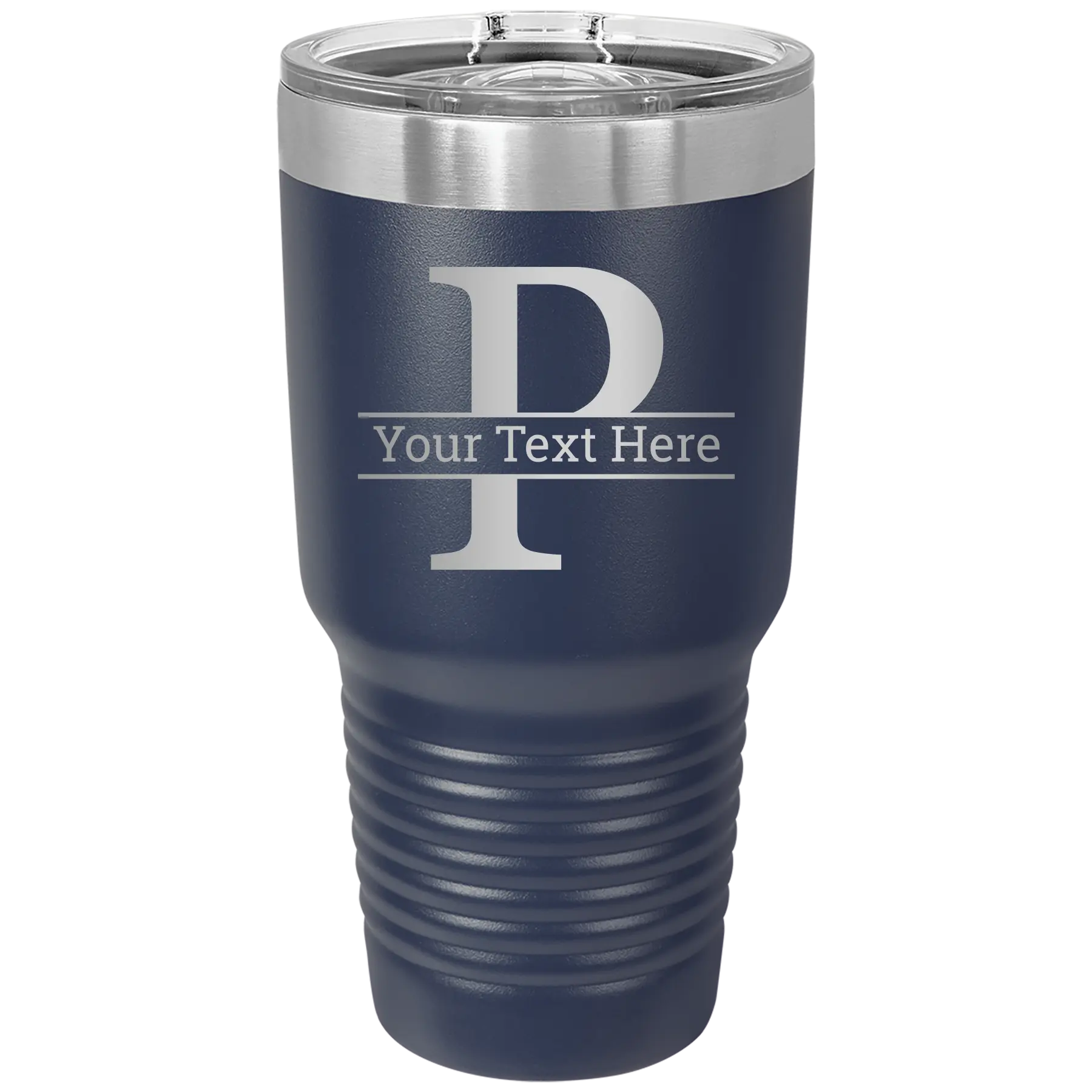 Personalized navy 30 oz vacuum insulated tumbler with 'Monogram letter P' design
