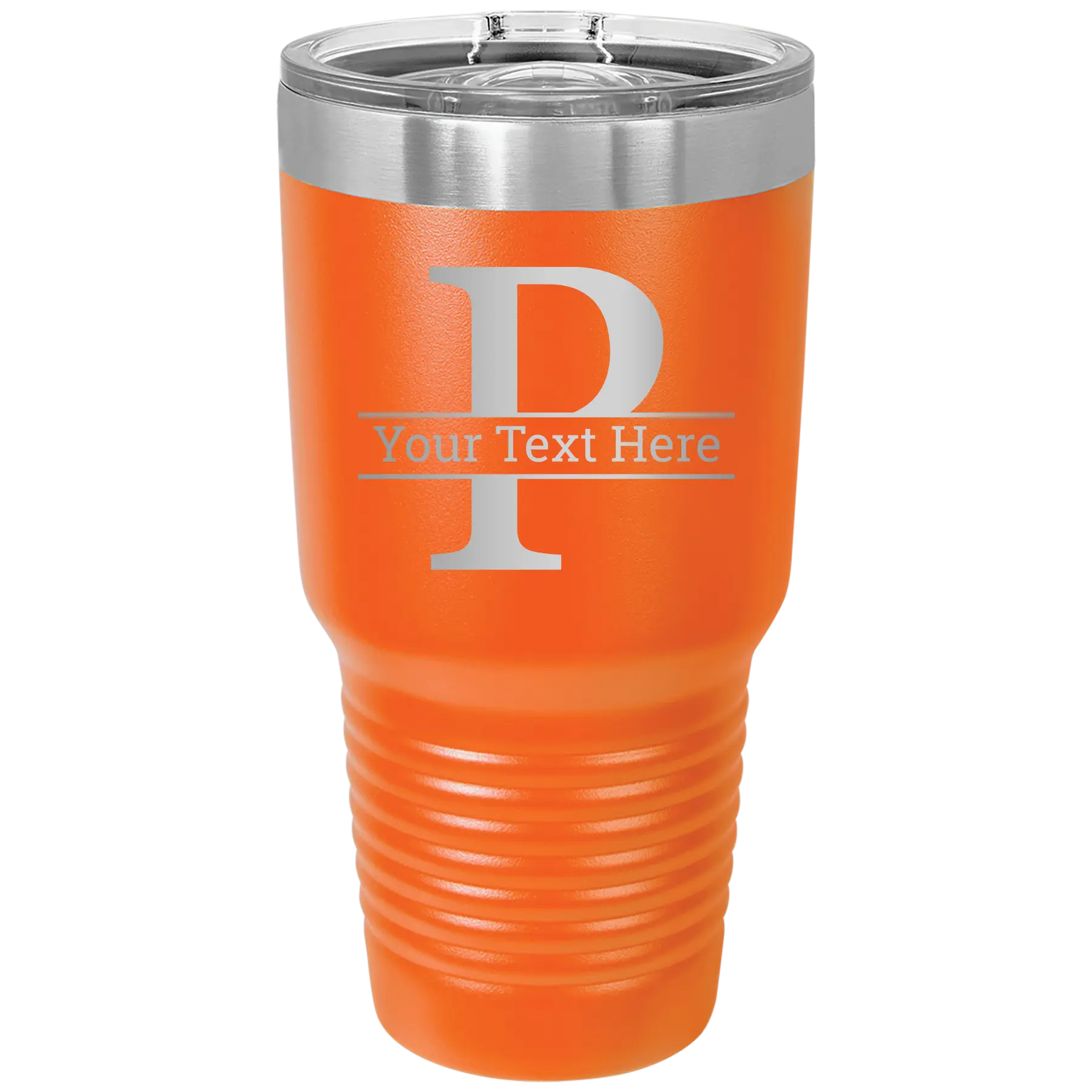 Personalized orange 30 oz vacuum insulated tumbler with 'Monogram letter P' design