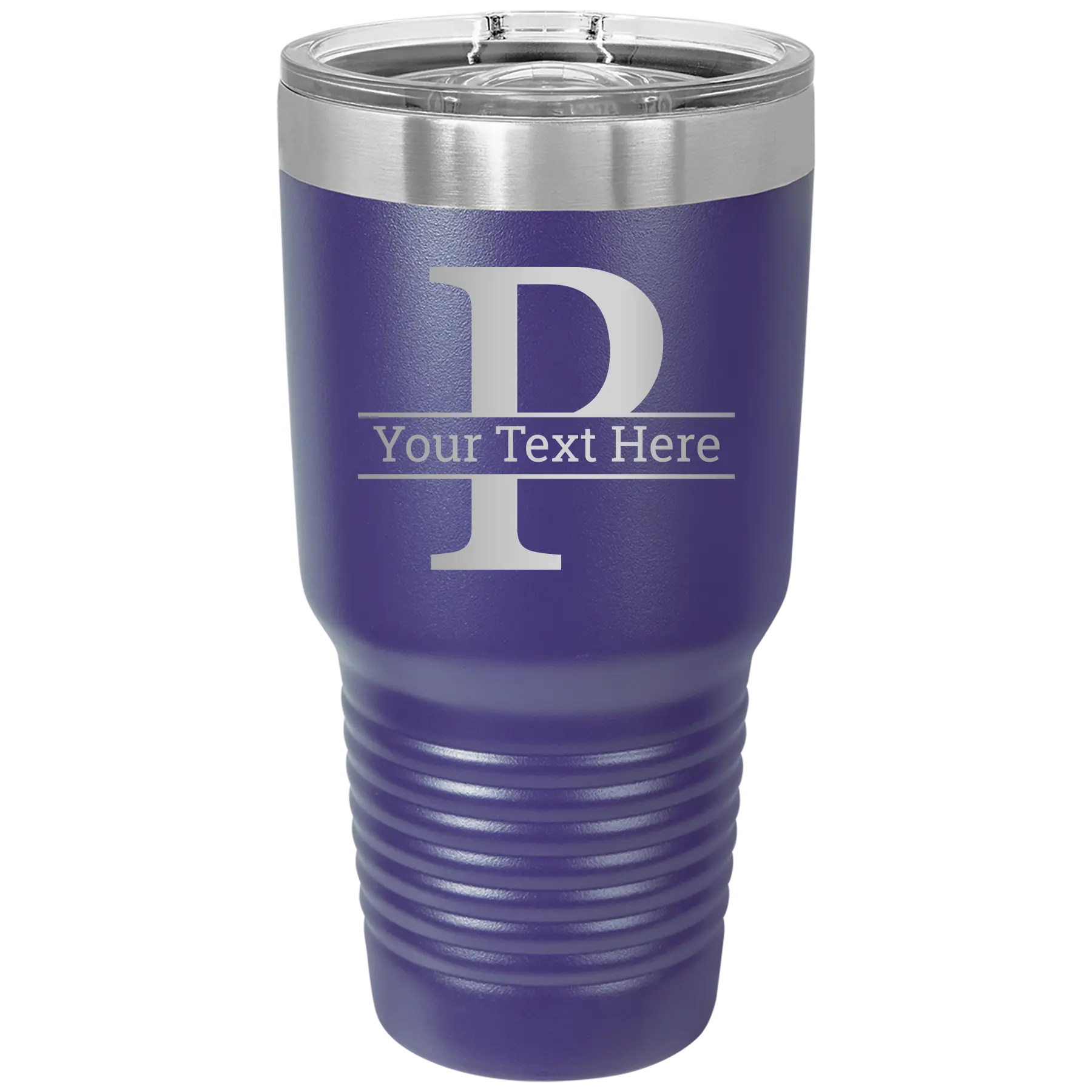 Personalized purple 30 oz vacuum insulated tumbler with 'Monogram letter P' design