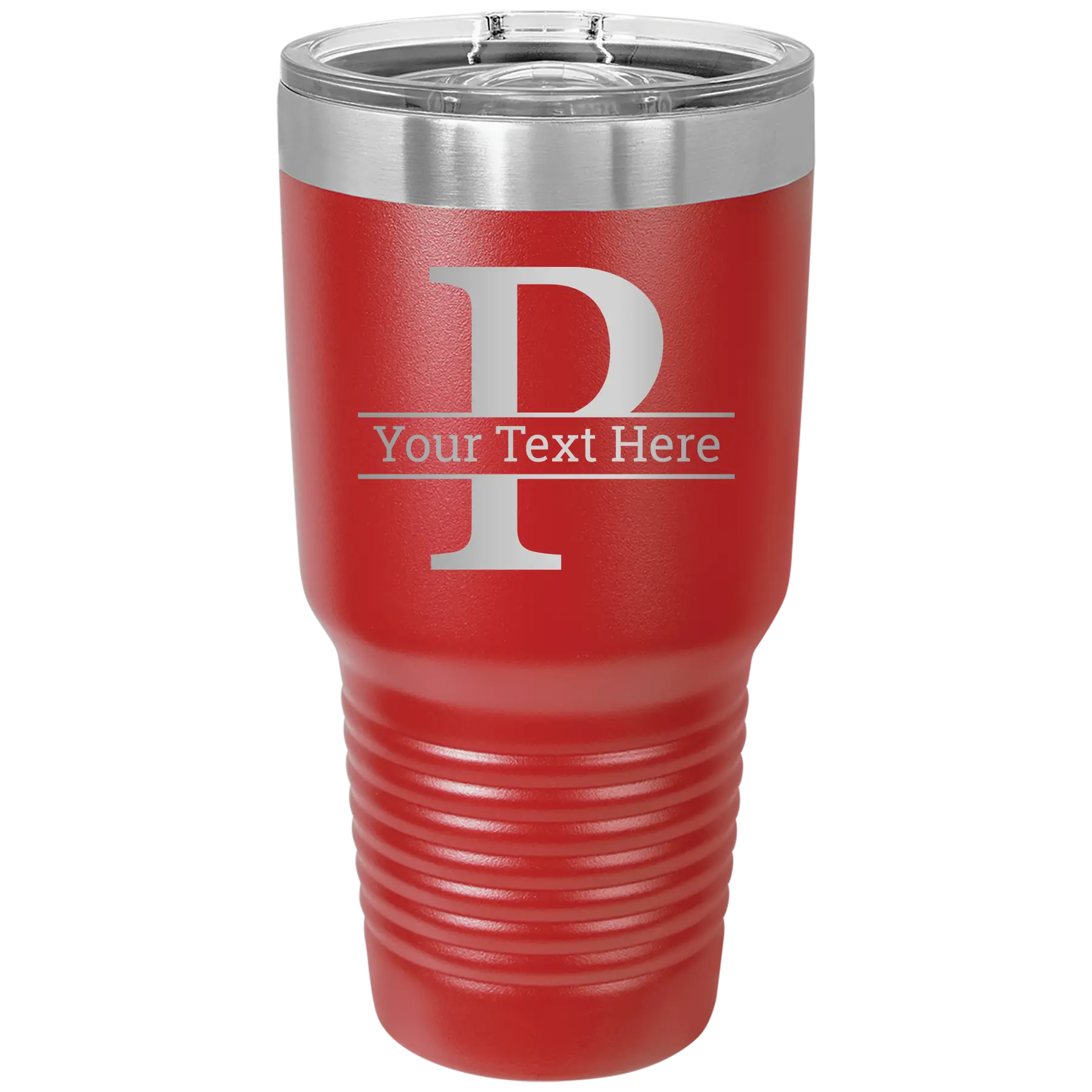 Personalized red 30 oz vacuum insulated tumbler with 'Monogram letter P' design