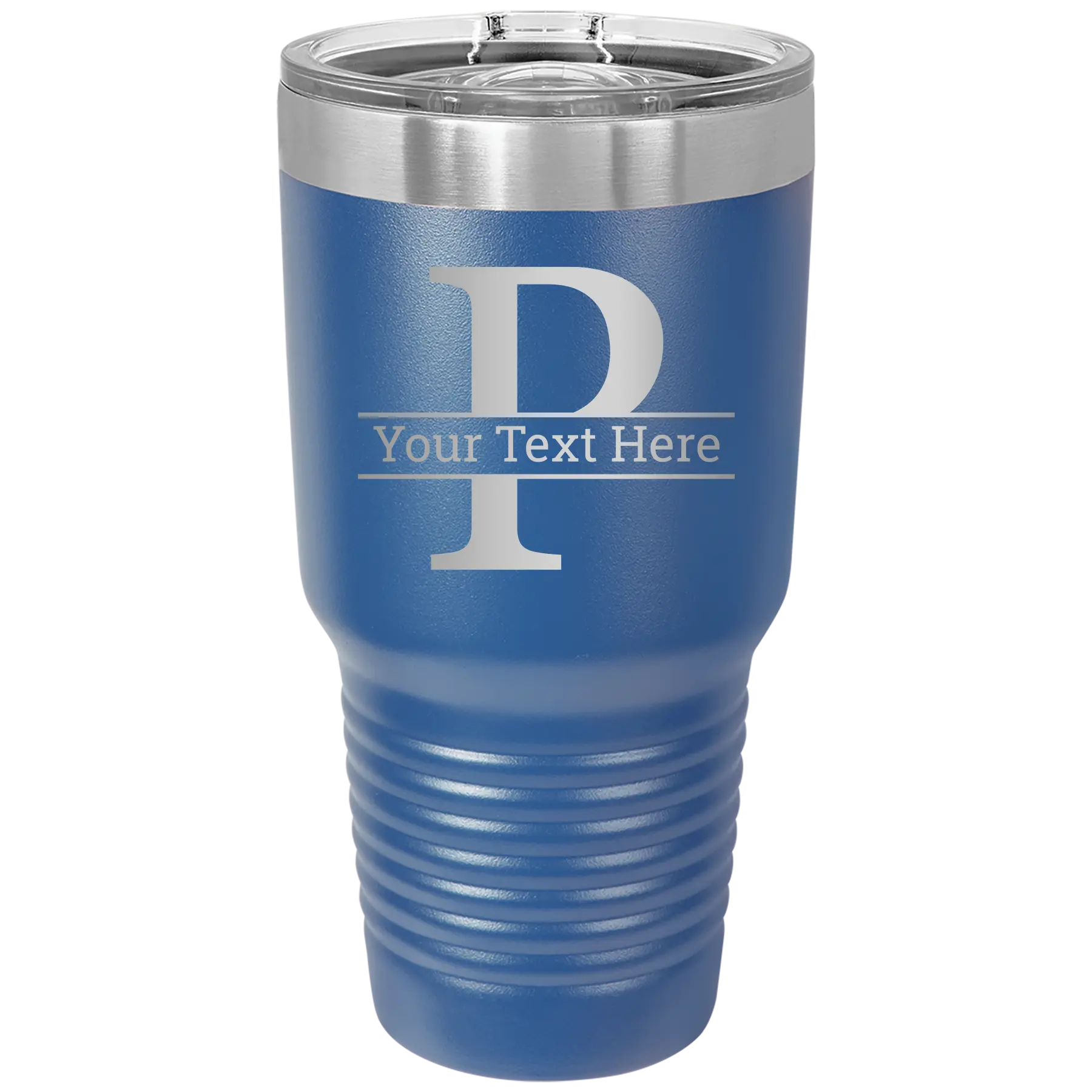 Personalized royal blue 30 oz vacuum insulated tumbler with 'Monogram letter P' design