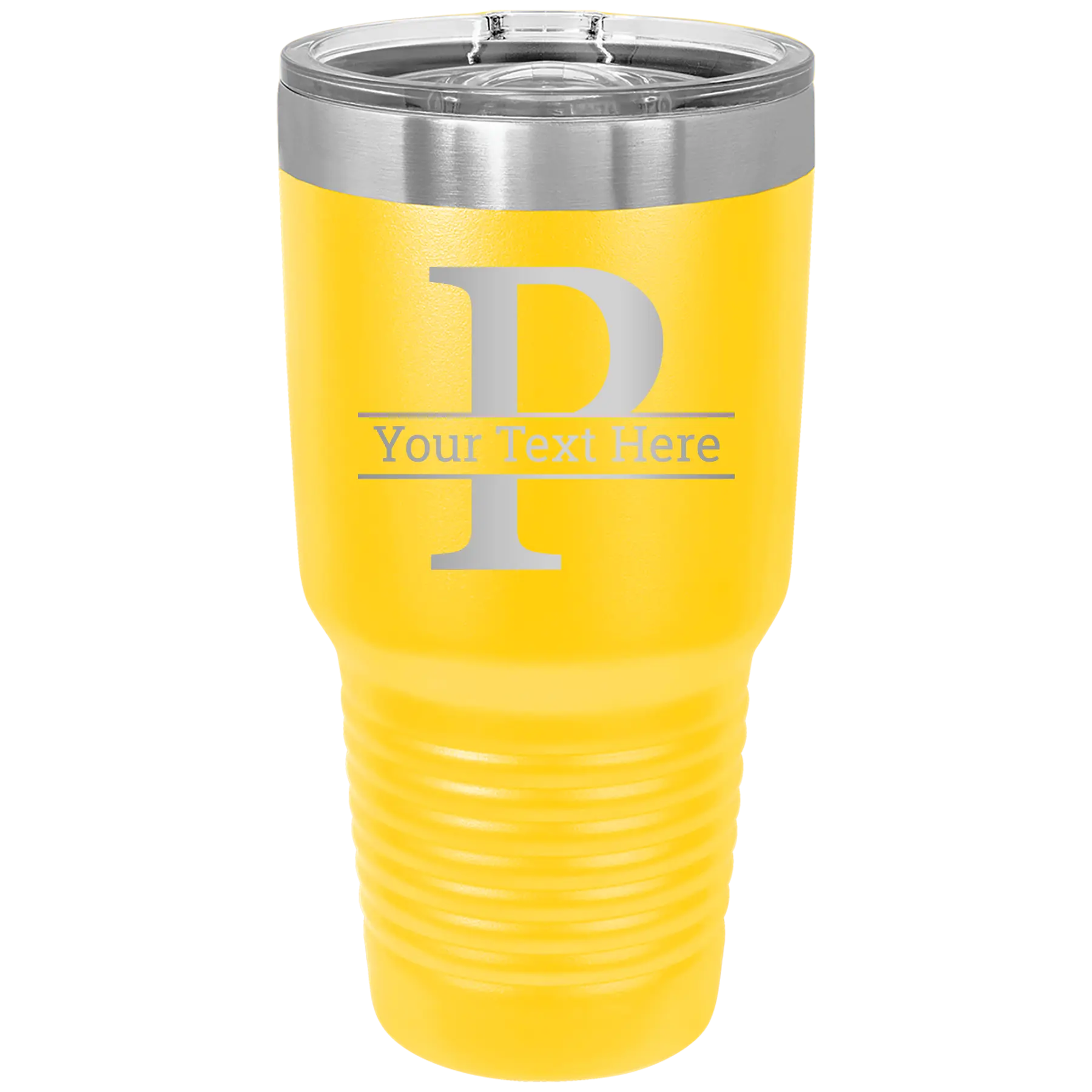 Personalized yellow 30 oz vacuum insulated tumbler with 'Monogram letter P' design