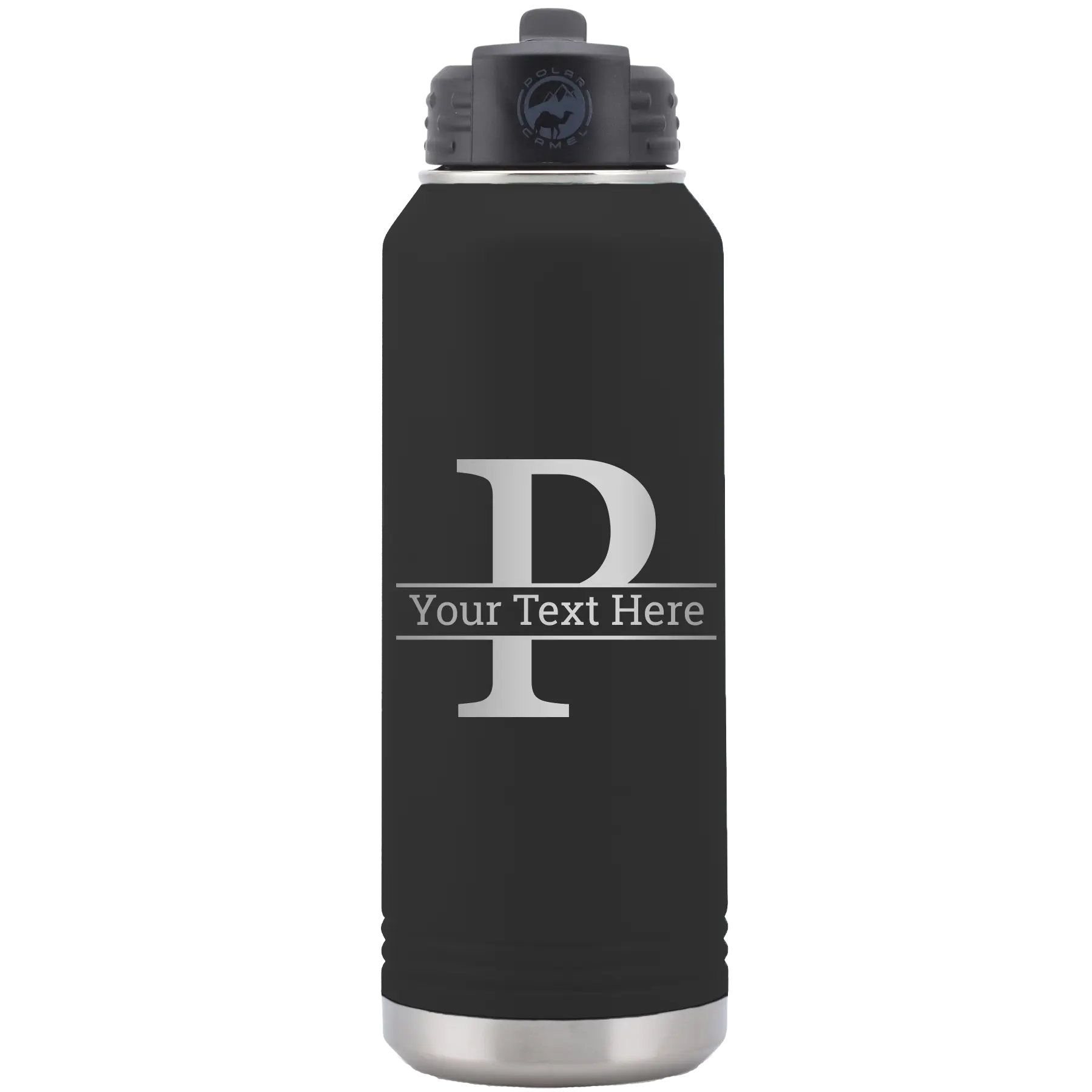 Personalized black 32 oz vacuum insulated water bottle with 'Monogram letter P' design