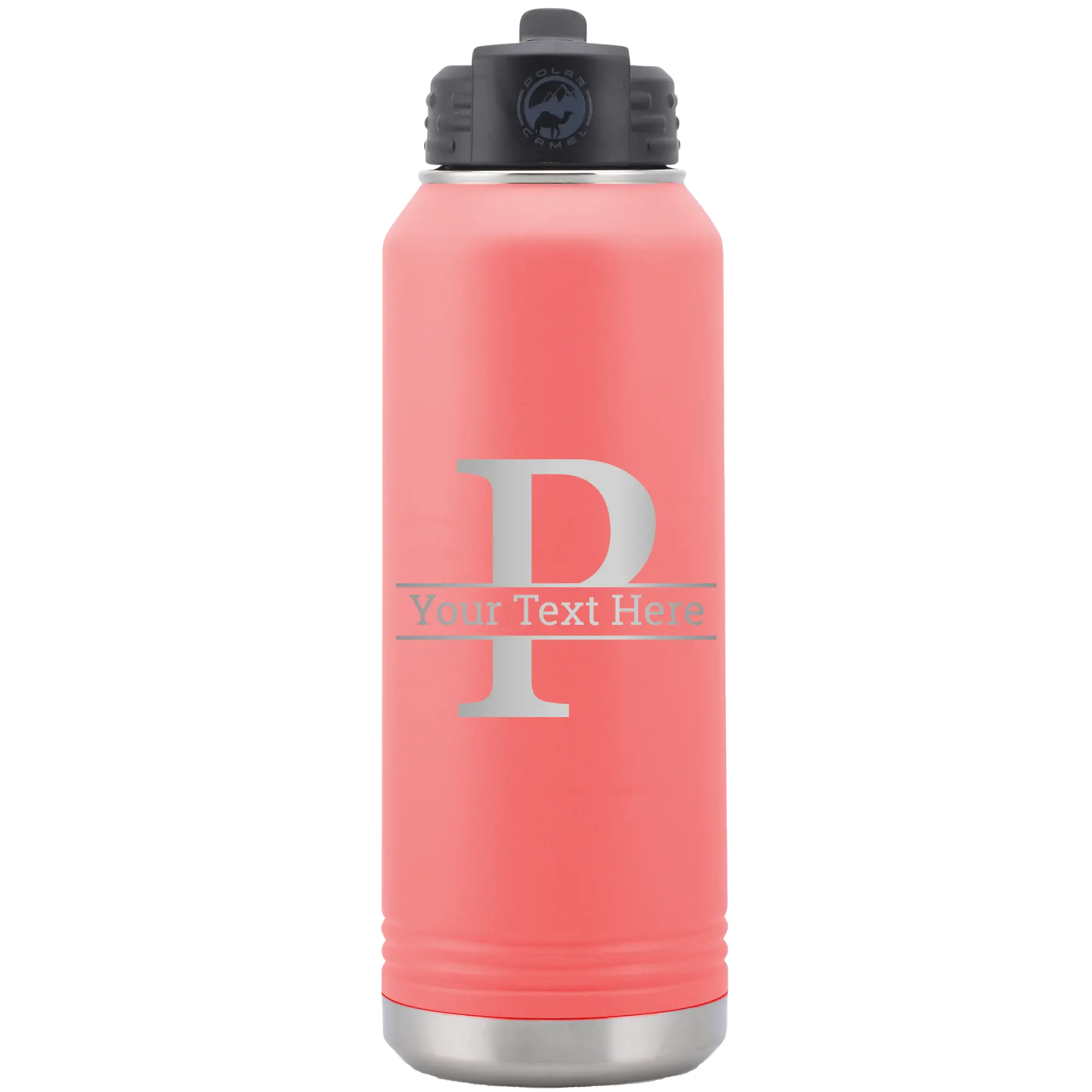 Personalized coral 32 oz vacuum insulated water bottle with 'Monogram letter P' design