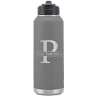 Personalized dark gray 32 oz vacuum insulated water bottle with 'Monogram letter P' design