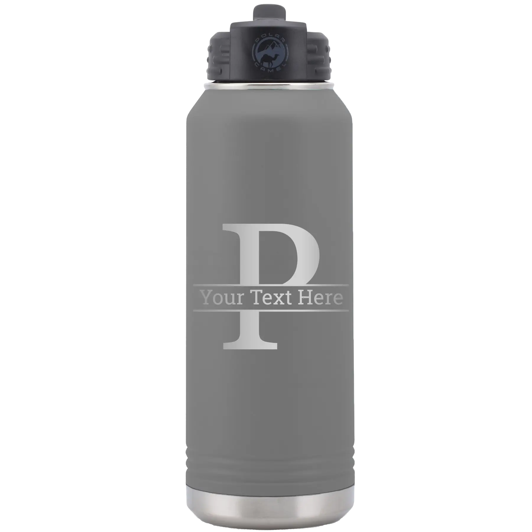Personalized dark gray 32 oz vacuum insulated water bottle with 'Monogram letter P' design