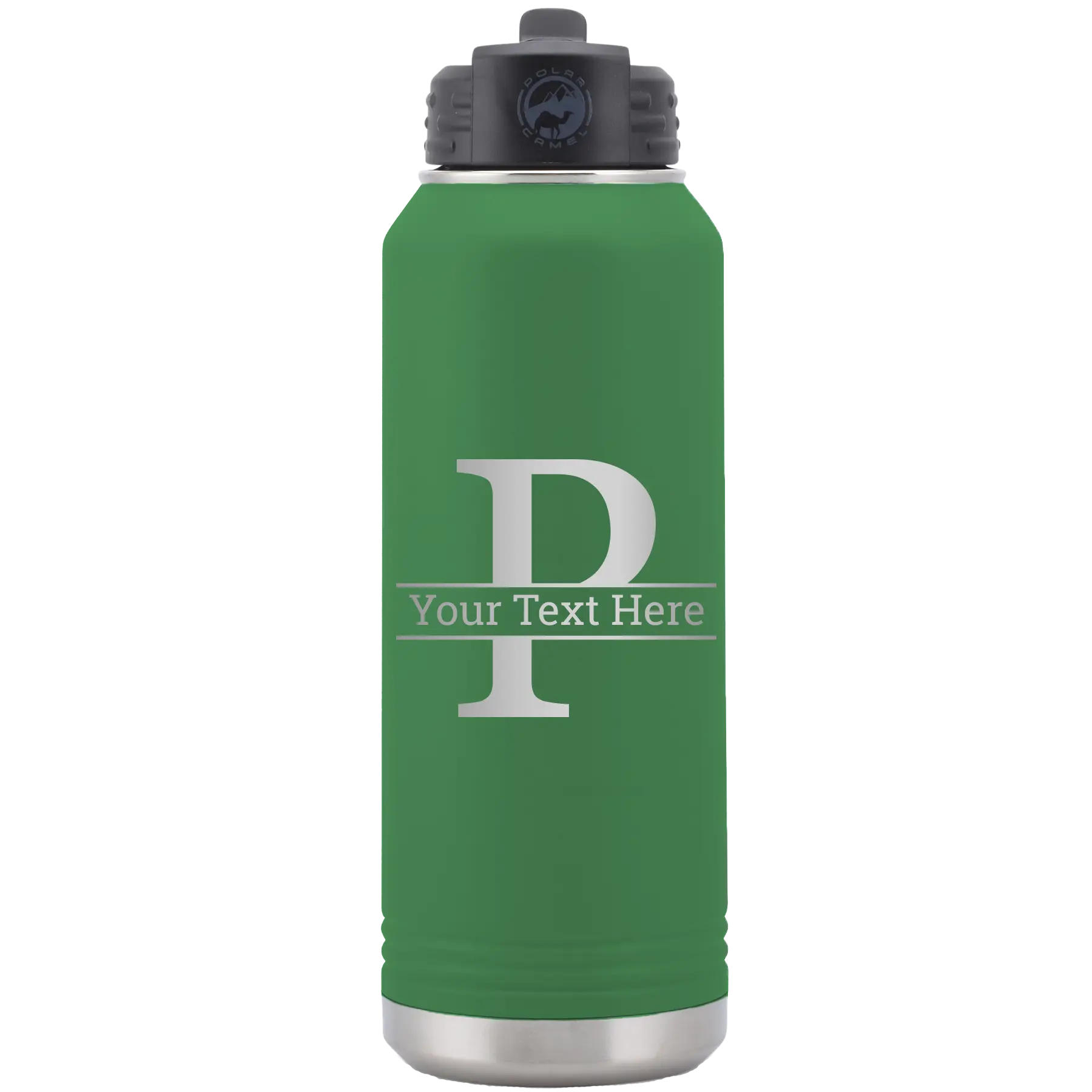 Personalized green 32 oz vacuum insulated water bottle with 'Monogram letter P' design