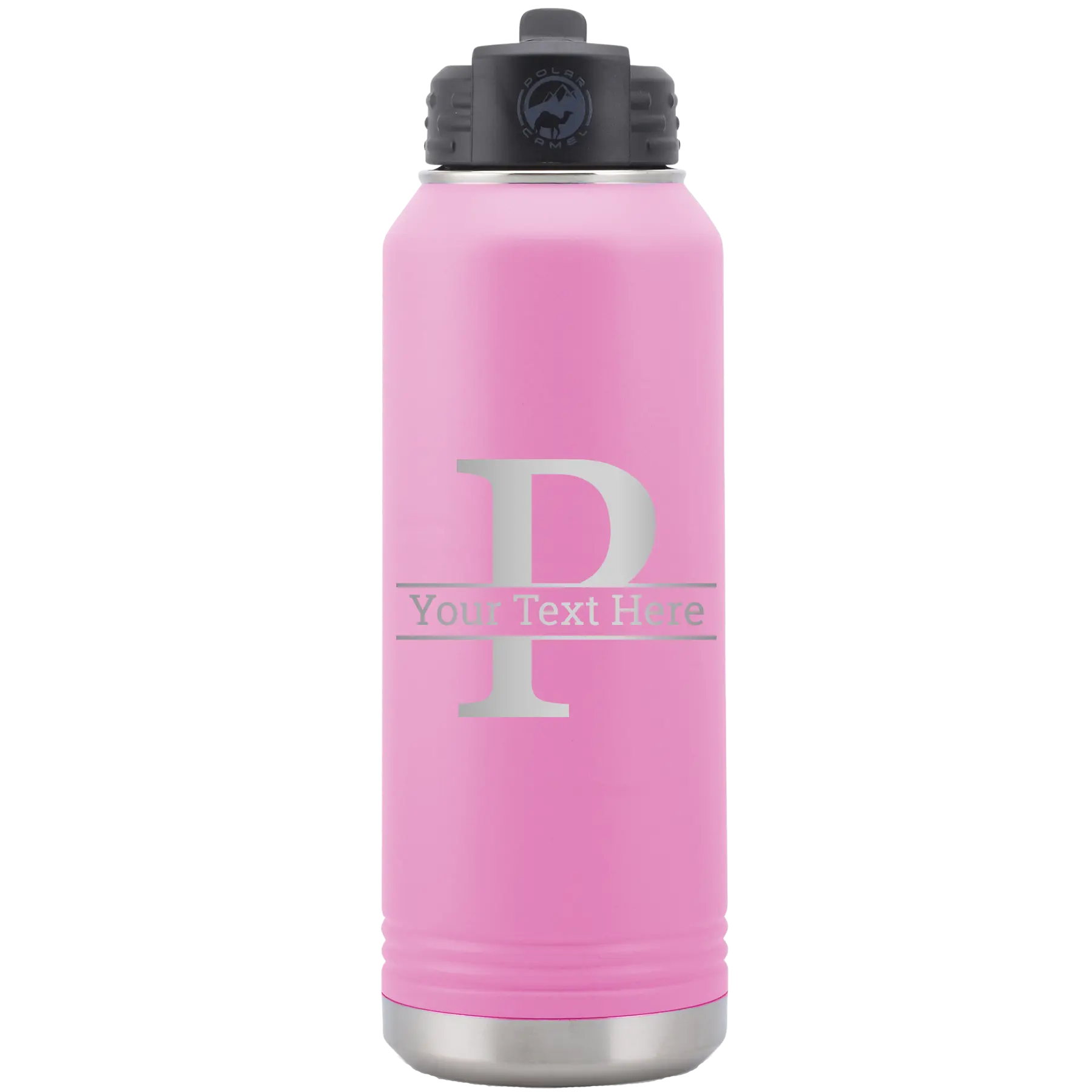 Personalized light purple 32 oz vacuum insulated water bottle with 'Monogram letter P' design