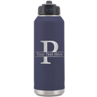 Personalized navy 32 oz vacuum insulated water bottle with 'Monogram letter P' design