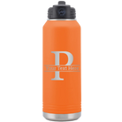 Personalized orange 32 oz vacuum insulated water bottle with 'Monogram letter P' design