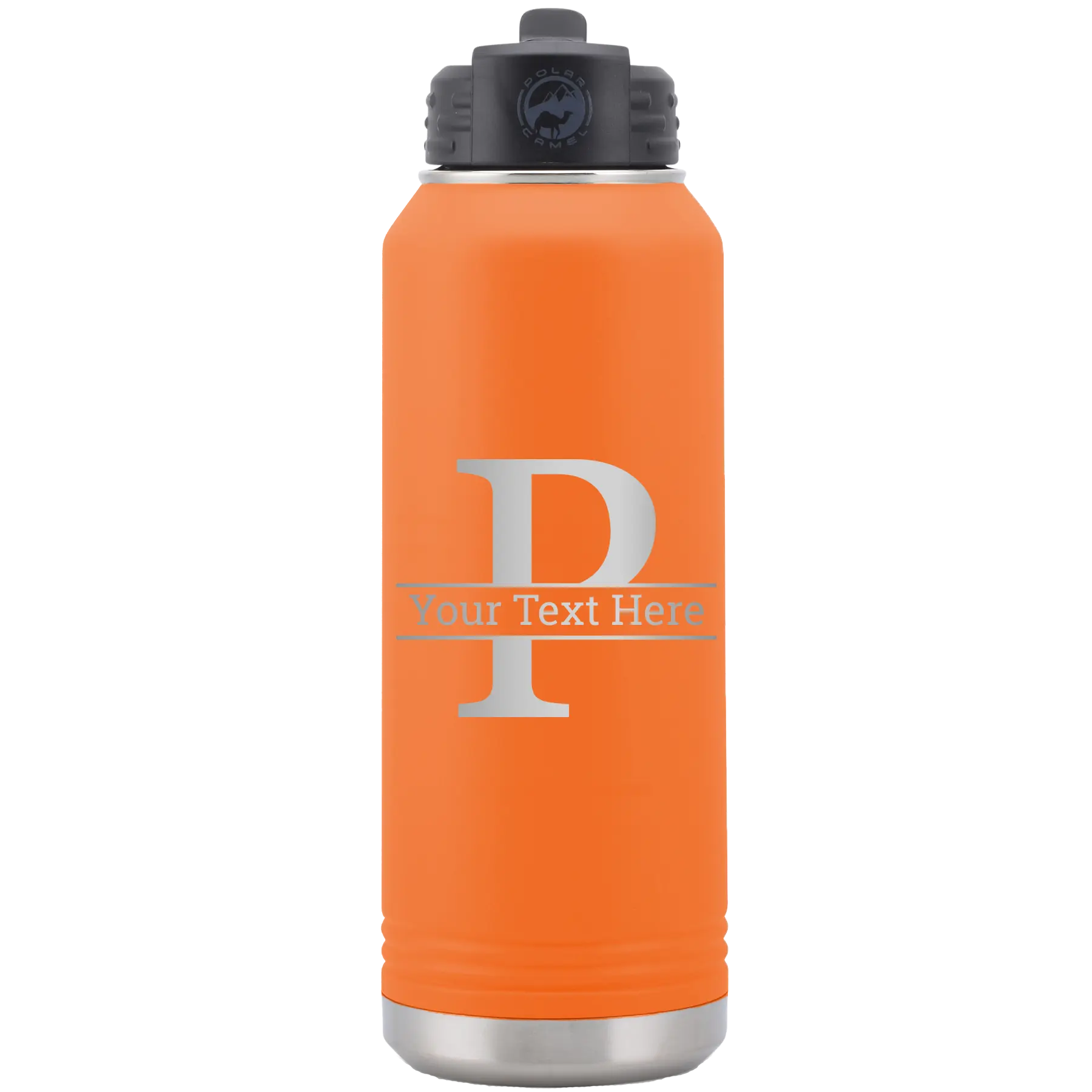 Personalized orange 32 oz vacuum insulated water bottle with 'Monogram letter P' design
