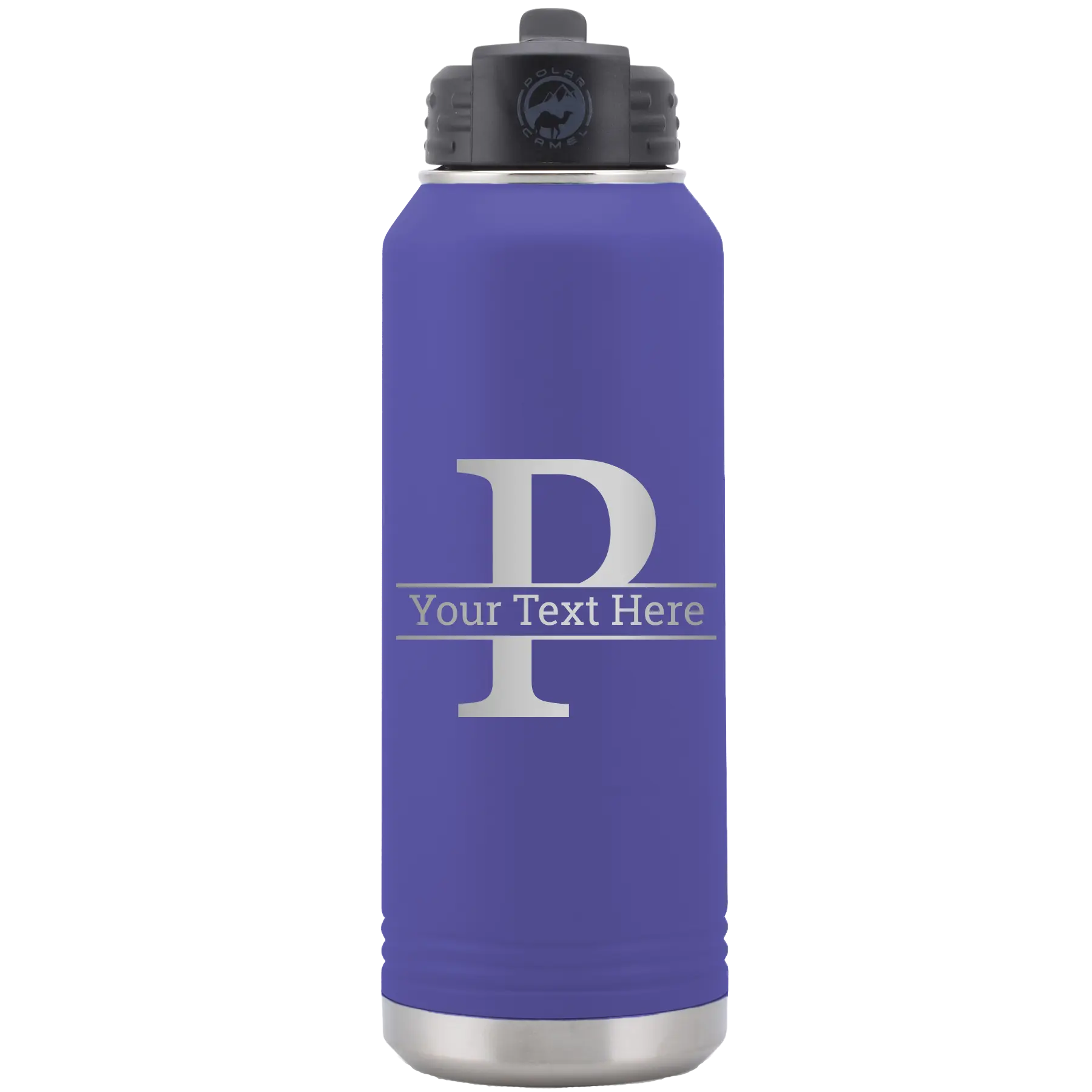 Personalized purple 32 oz vacuum insulated water bottle with 'Monogram letter P' design