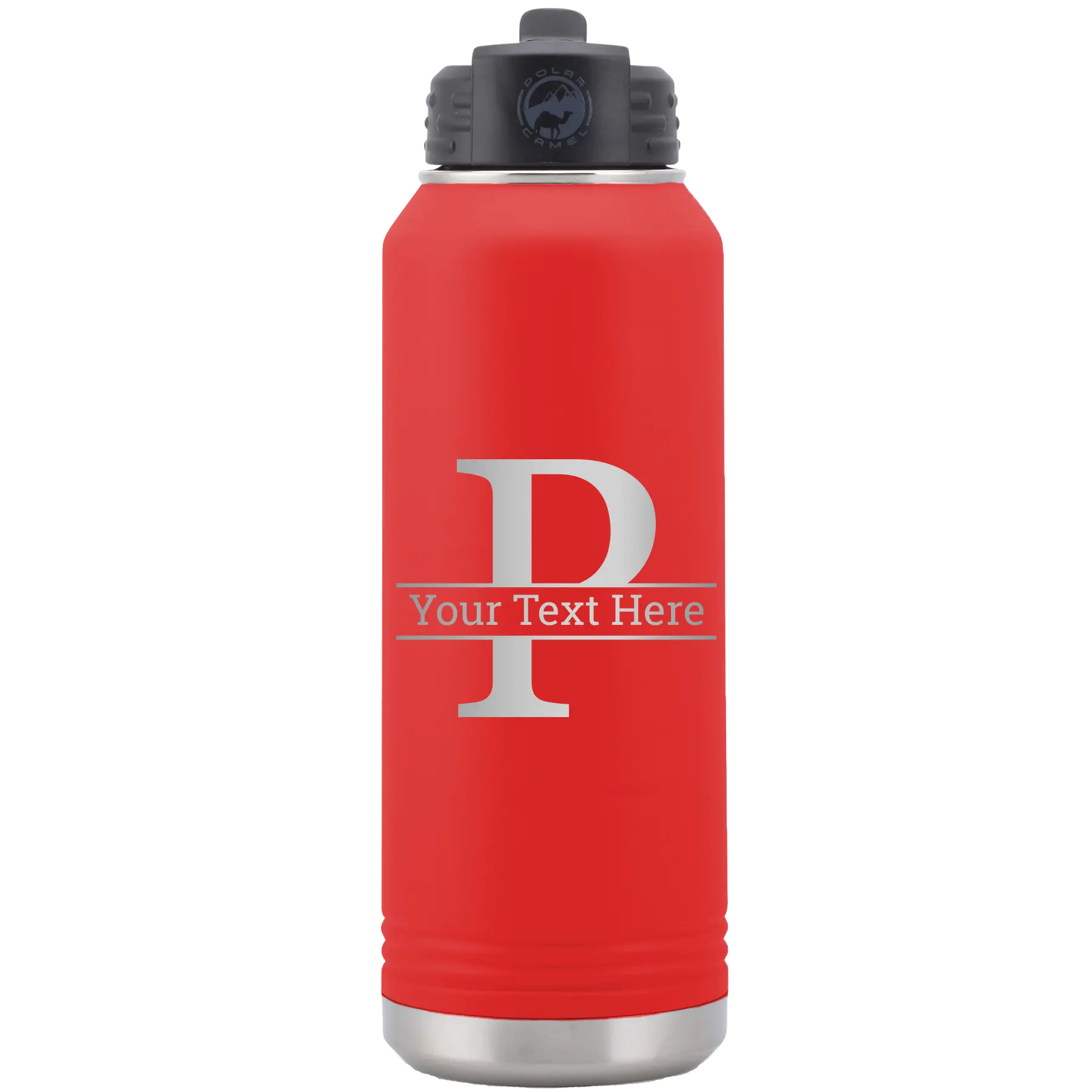 Personalized red 32 oz vacuum insulated water bottle with 'Monogram letter P' design