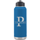 Personalized royal blue 32 oz vacuum insulated water bottle with 'Monogram letter P' design