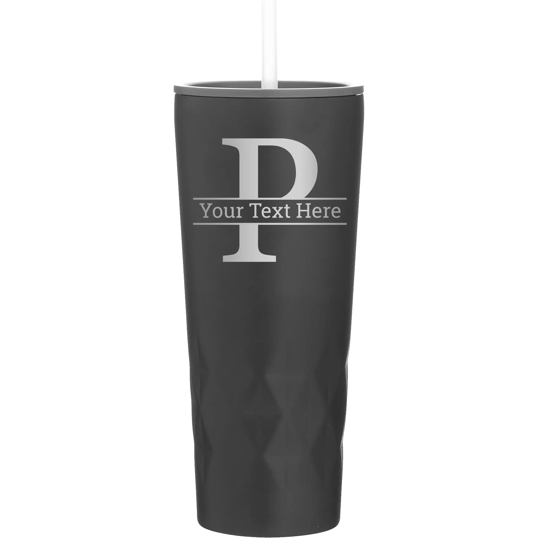 Personalized black 20 oz vacuum insulated tumbler with 'Monogram letter P' design