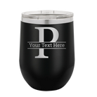 Personalized black 12 oz vacuum insulated wine cup with 'Monogram letter P' design