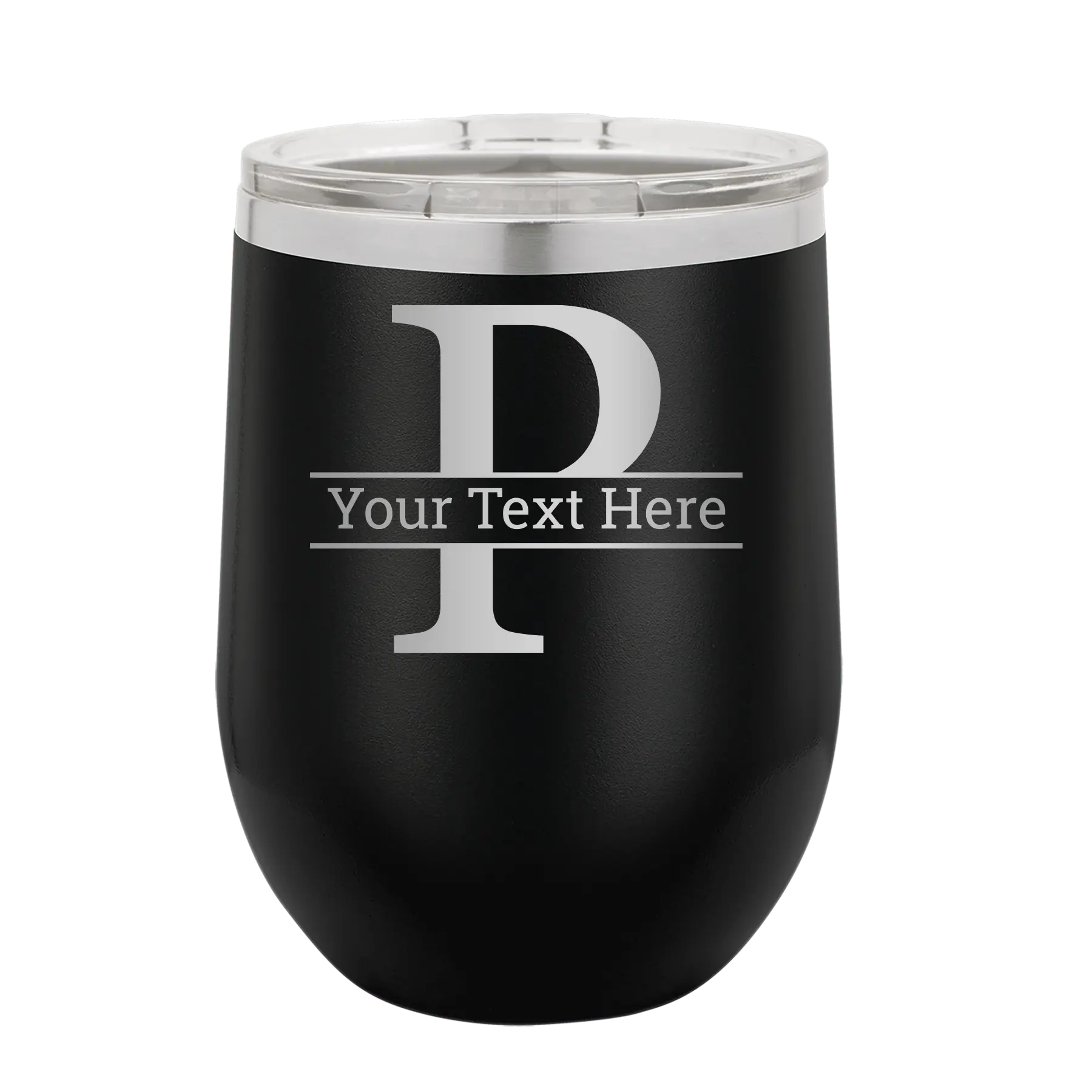 Personalized black 12 oz vacuum insulated wine cup with 'Monogram letter P' design