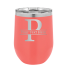 Personalized coral 12 oz vacuum insulated wine cup with 'Monogram letter P' design