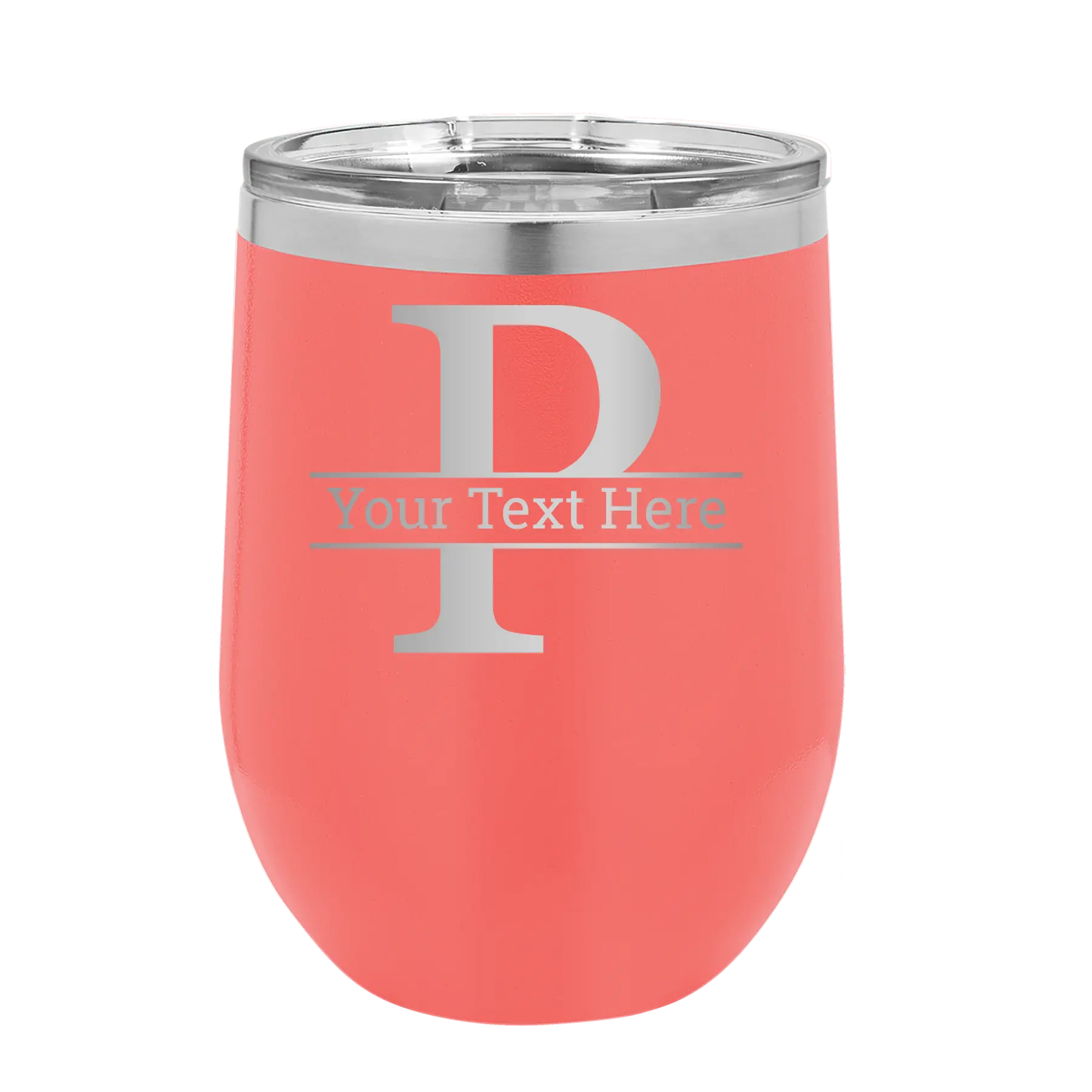 Personalized coral 12 oz vacuum insulated wine cup with 'Monogram letter P' design