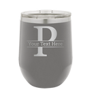 Personalized dark gray 12 oz vacuum insulated wine cup with 'Monogram letter P' design