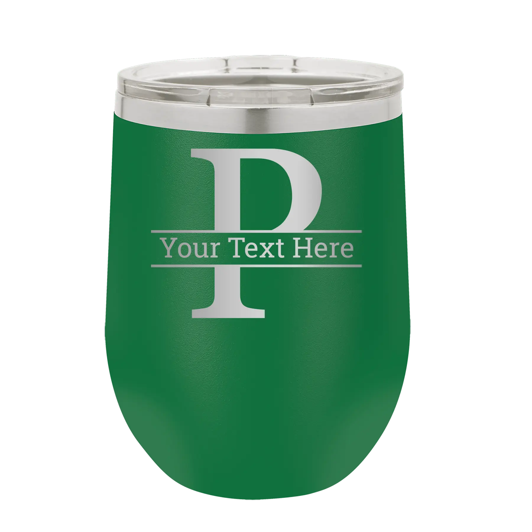 Personalized green 12 oz vacuum insulated wine cup with 'Monogram letter P' design