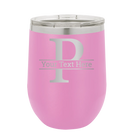 Personalized light purple 12 oz vacuum insulated wine cup with 'Monogram letter P' design