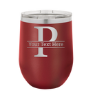 Personalized maroon 12 oz vacuum insulated wine cup with 'Monogram letter P' design