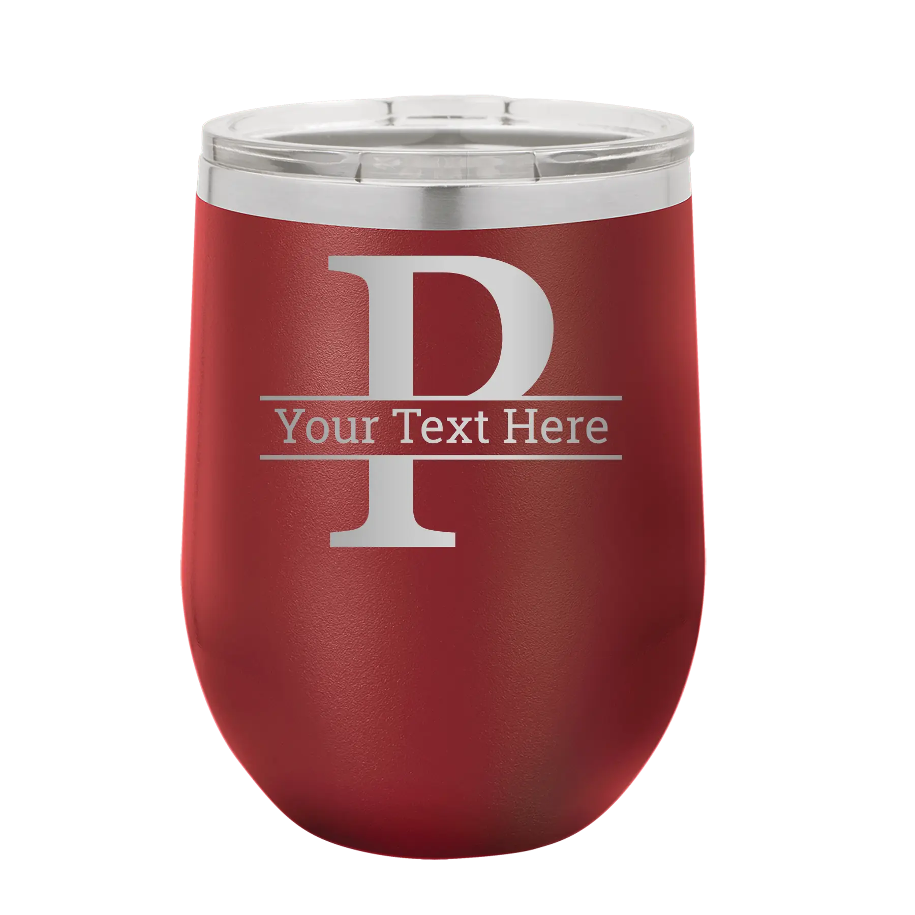 Personalized maroon 12 oz vacuum insulated wine cup with 'Monogram letter P' design