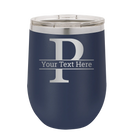 Personalized navy 12 oz vacuum insulated wine cup with 'Monogram letter P' design