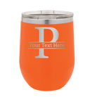 Personalized orange 12 oz vacuum insulated wine cup with 'Monogram letter P' design