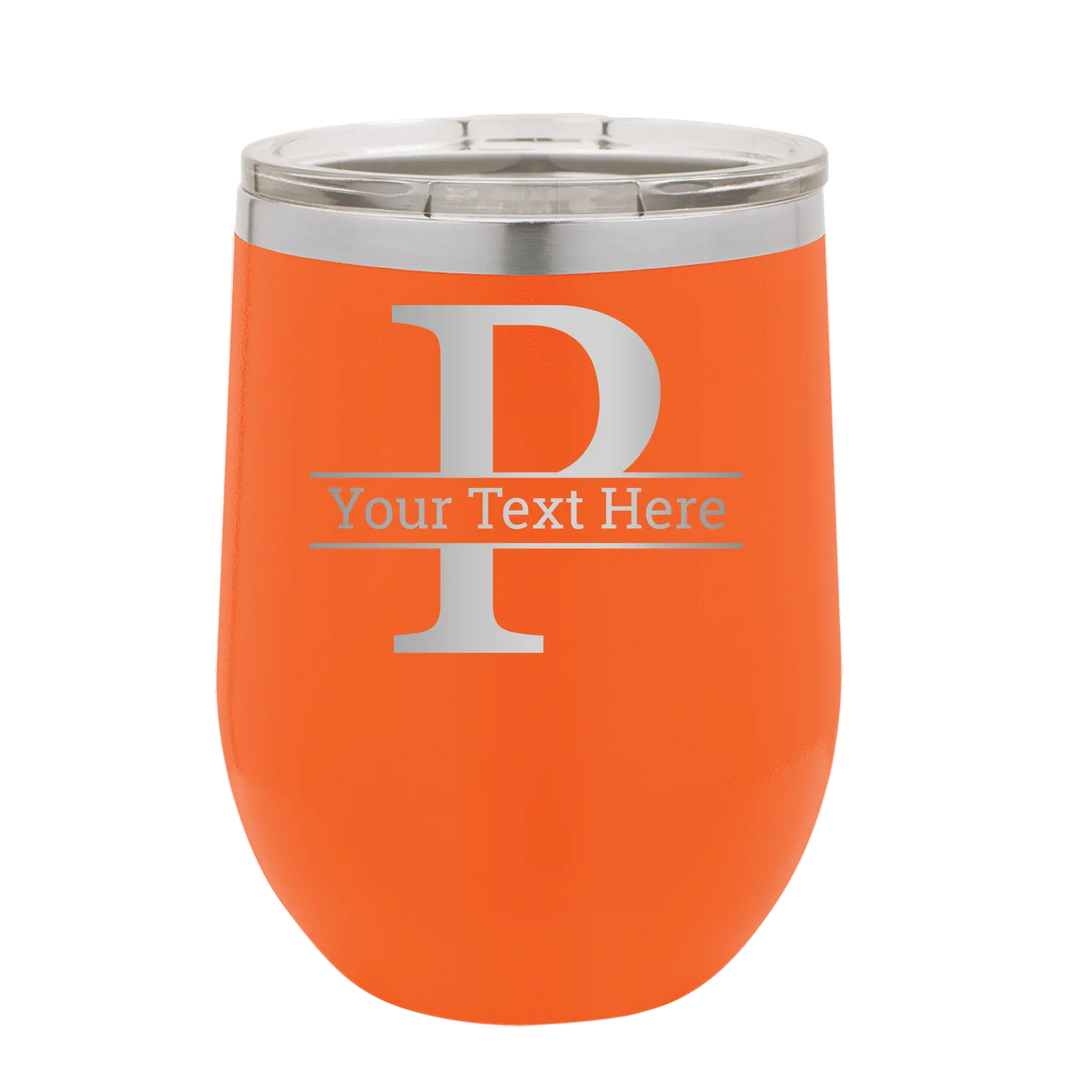 Personalized orange 12 oz vacuum insulated wine cup with 'Monogram letter P' design