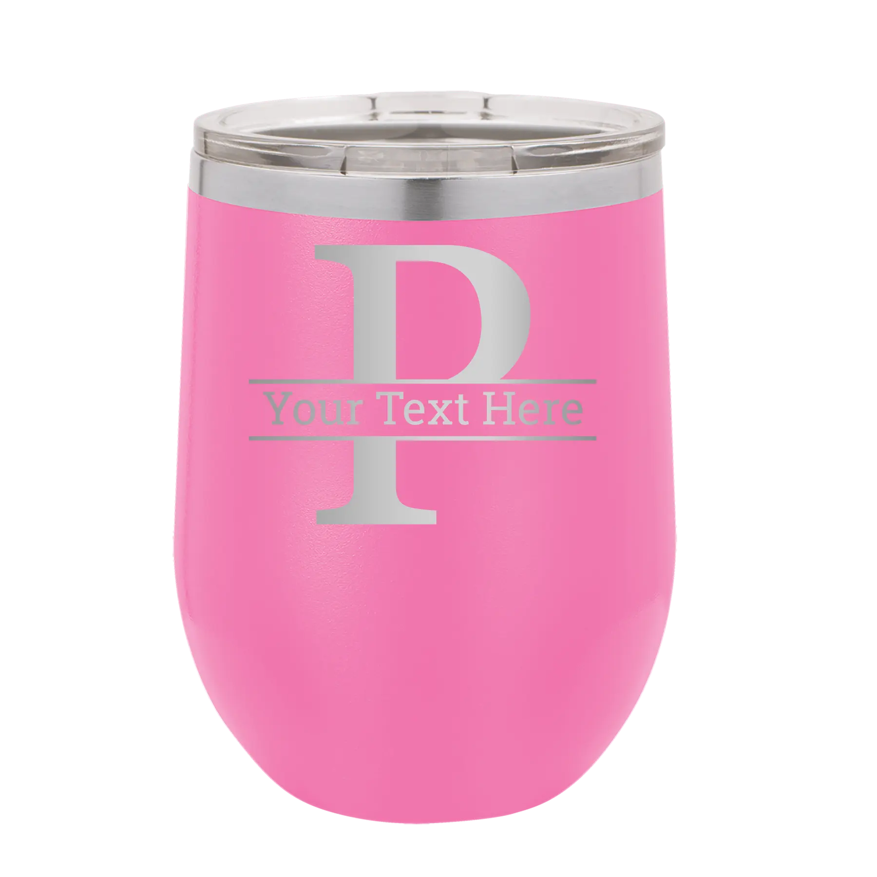 Personalized pink 12 oz vacuum insulated wine cup with 'Monogram letter P' design