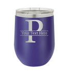 Personalized purple 12 oz vacuum insulated wine cup with 'Monogram letter P' design