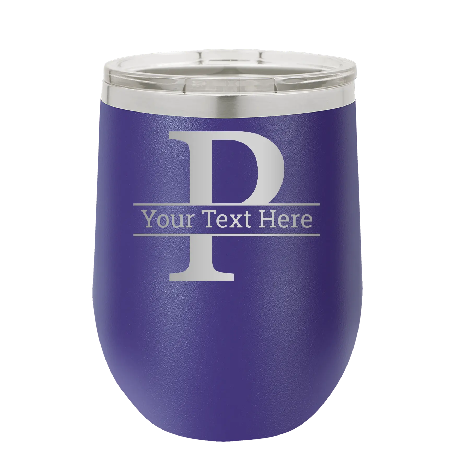Personalized purple 12 oz vacuum insulated wine cup with 'Monogram letter P' design