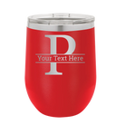Personalized red 12 oz vacuum insulated wine cup with 'Monogram letter P' design