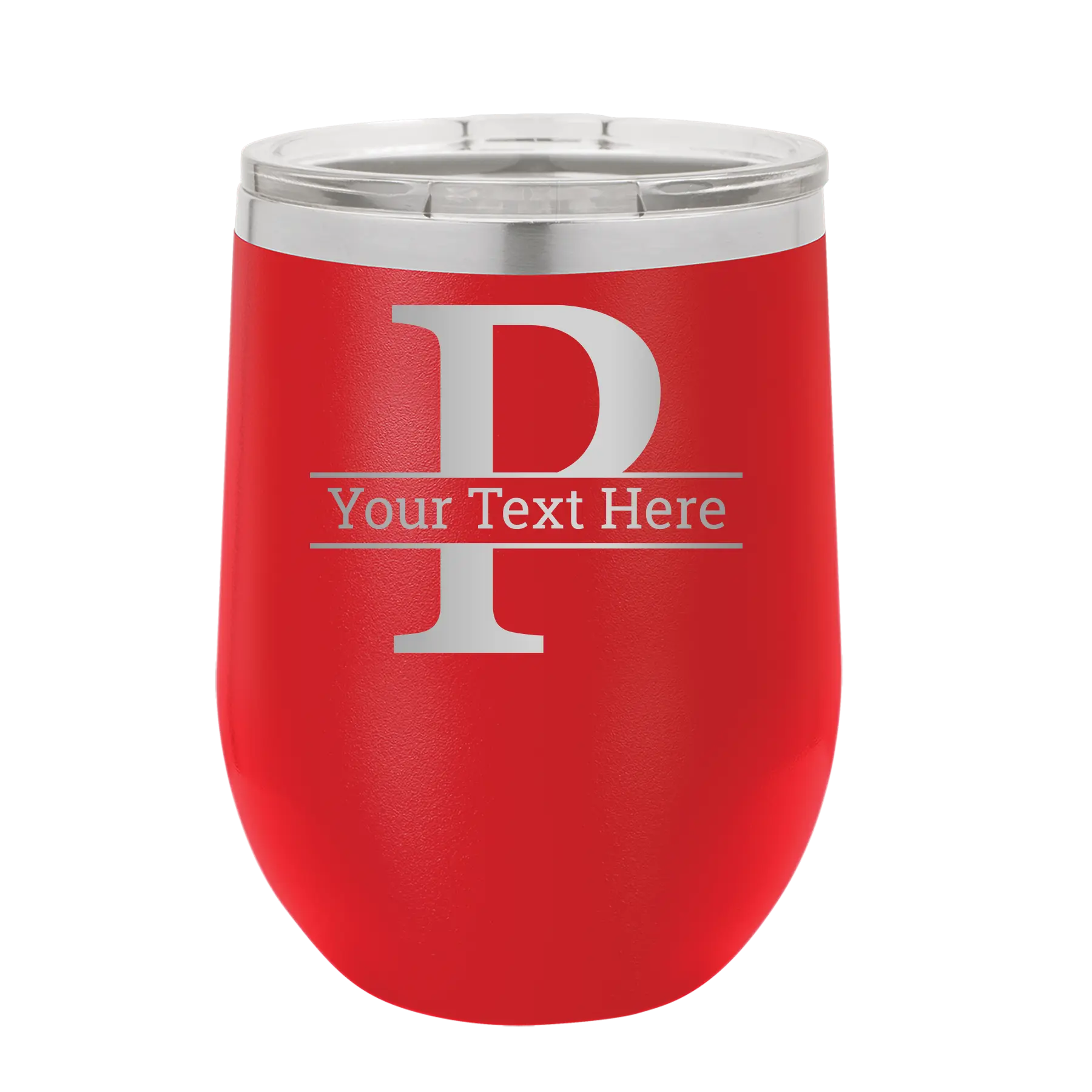 Personalized red 12 oz vacuum insulated wine cup with 'Monogram letter P' design
