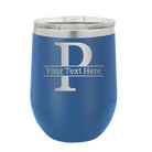 Personalized royal blue 12 oz vacuum insulated wine cup with 'Monogram letter P' design
