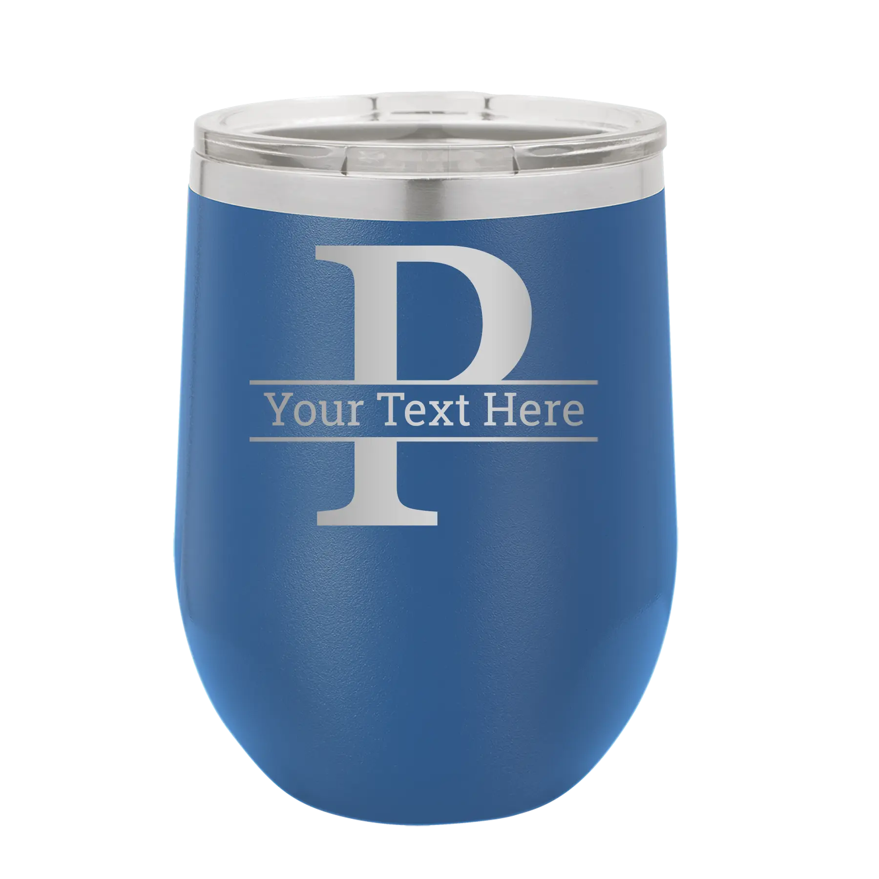 Personalized royal blue 12 oz vacuum insulated wine cup with 'Monogram letter P' design