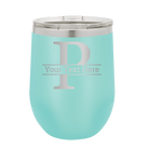 Personalized teal 12 oz vacuum insulated wine cup with 'Monogram letter P' design
