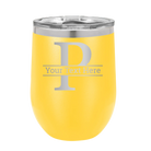 Personalized yellow 12 oz vacuum insulated wine cup with 'Monogram letter P' design