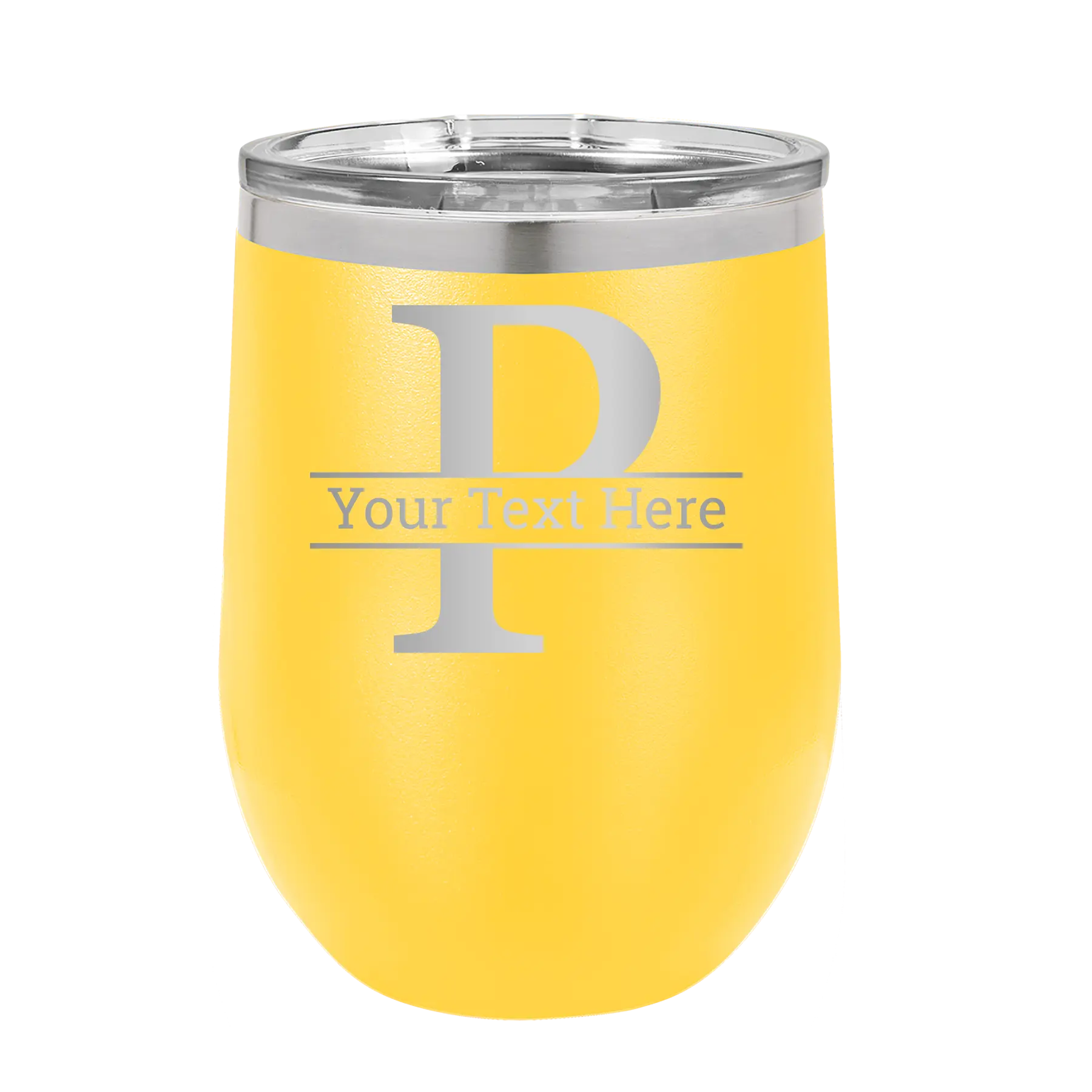 Personalized yellow 12 oz vacuum insulated wine cup with 'Monogram letter P' design