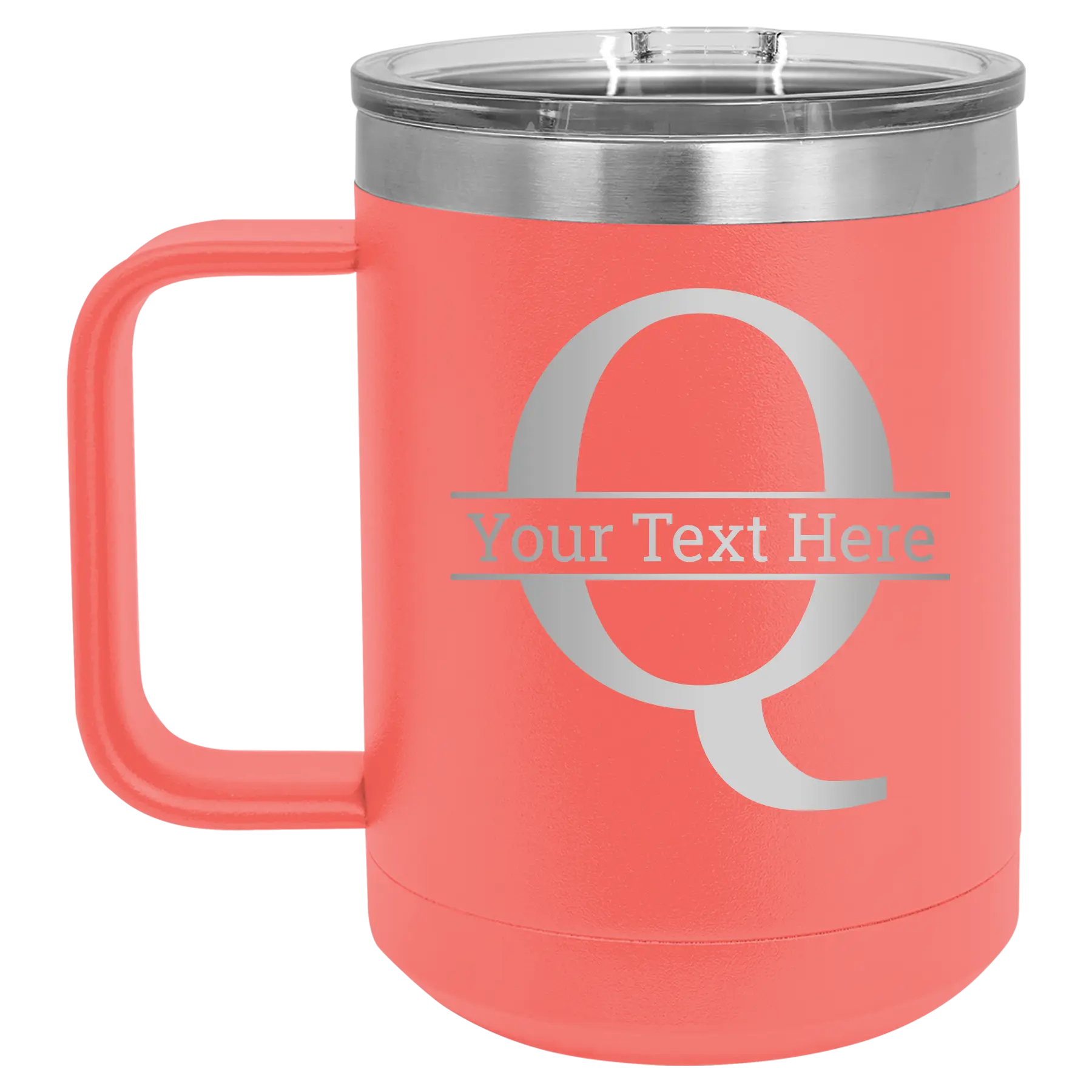 Personalized coral 15 oz vacuum insulated coffee mug with 'Monogram letter Q' design