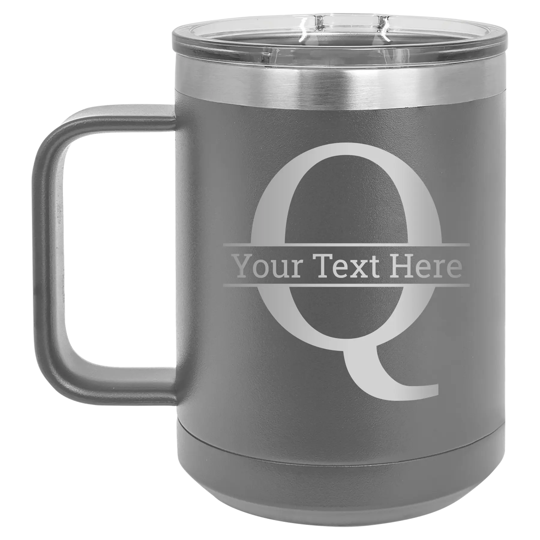 Personalized dark gray 15 oz vacuum insulated coffee mug with 'Monogram letter Q' design