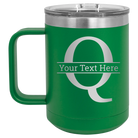 Personalized green 15 oz vacuum insulated coffee mug with 'Monogram letter Q' design