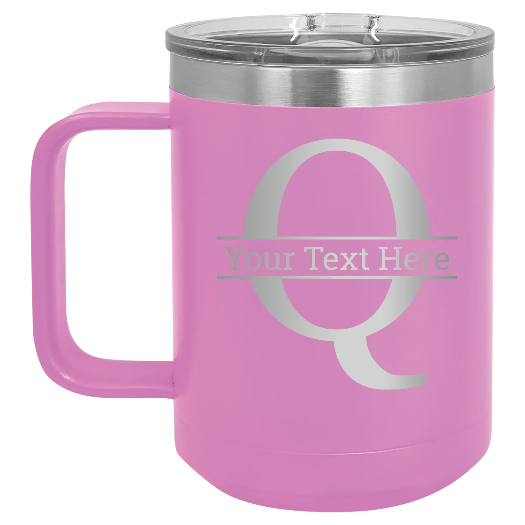 Personalized light purple 15 oz vacuum insulated coffee mug with 'Monogram letter Q' design