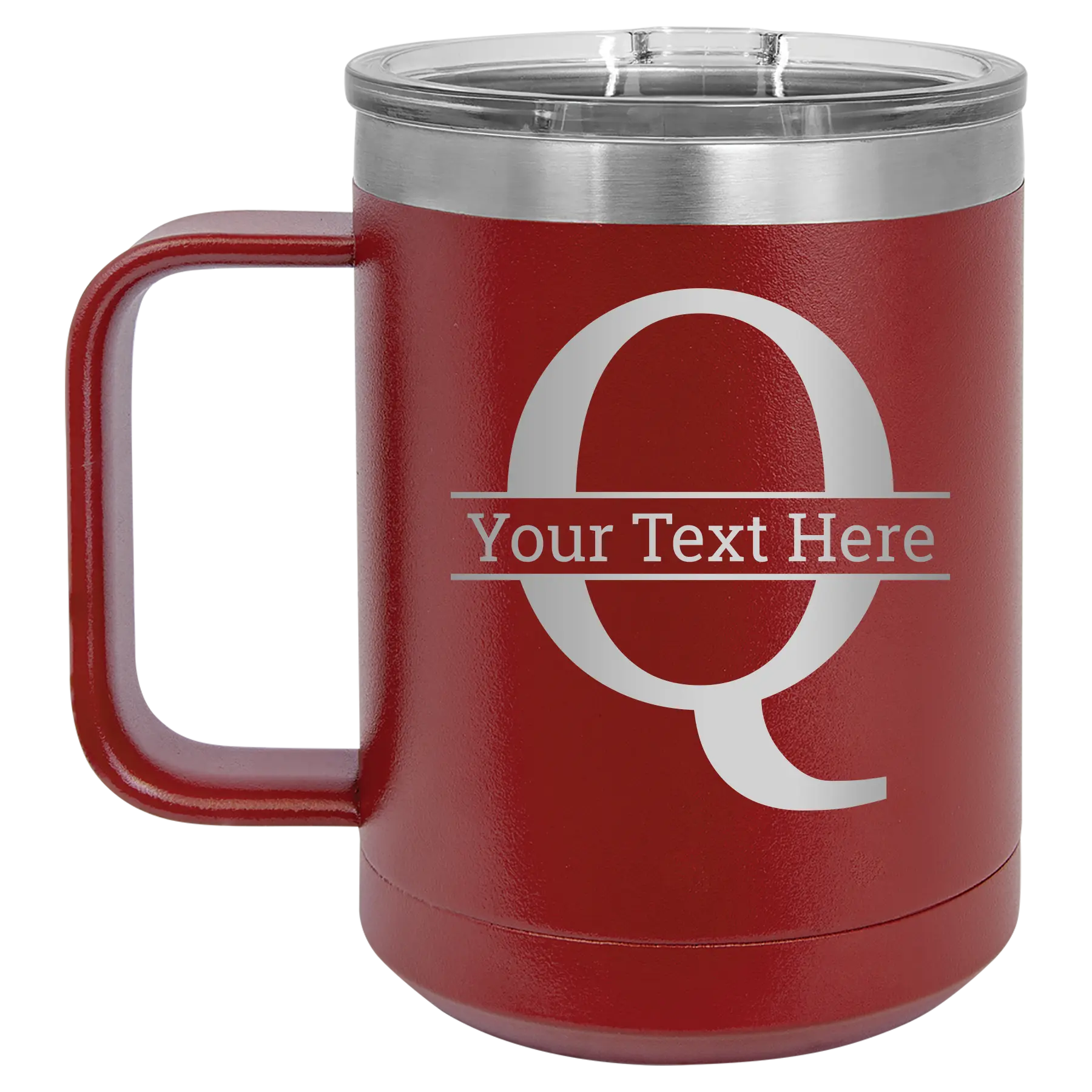 Personalized maroon 15 oz vacuum insulated coffee mug with 'Monogram letter Q' design