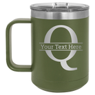 Personalized olive green 15 oz vacuum insulated coffee mug with 'Monogram letter Q' design