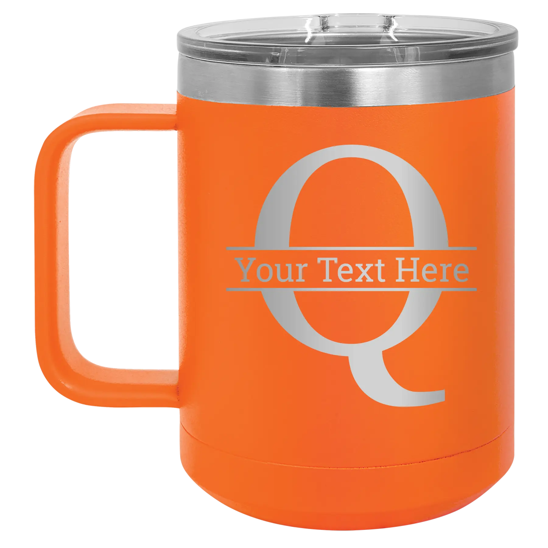 Personalized orange 15 oz vacuum insulated coffee mug with 'Monogram letter Q' design
