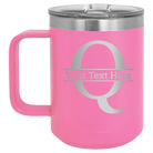 Personalized pink 15 oz vacuum insulated coffee mug with 'Monogram letter Q' design